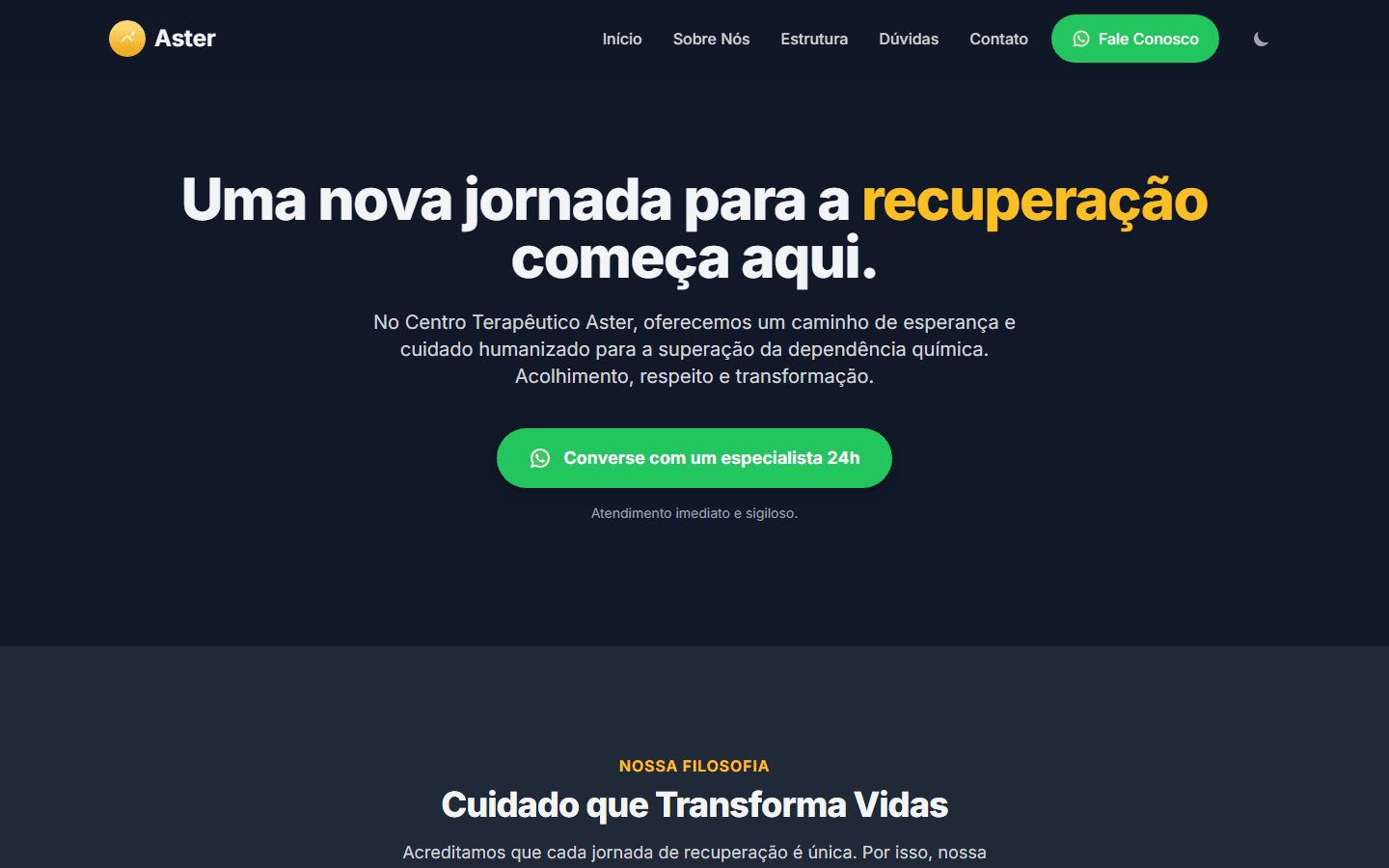 Página inicial do site do Aster Centro Terapêutico.