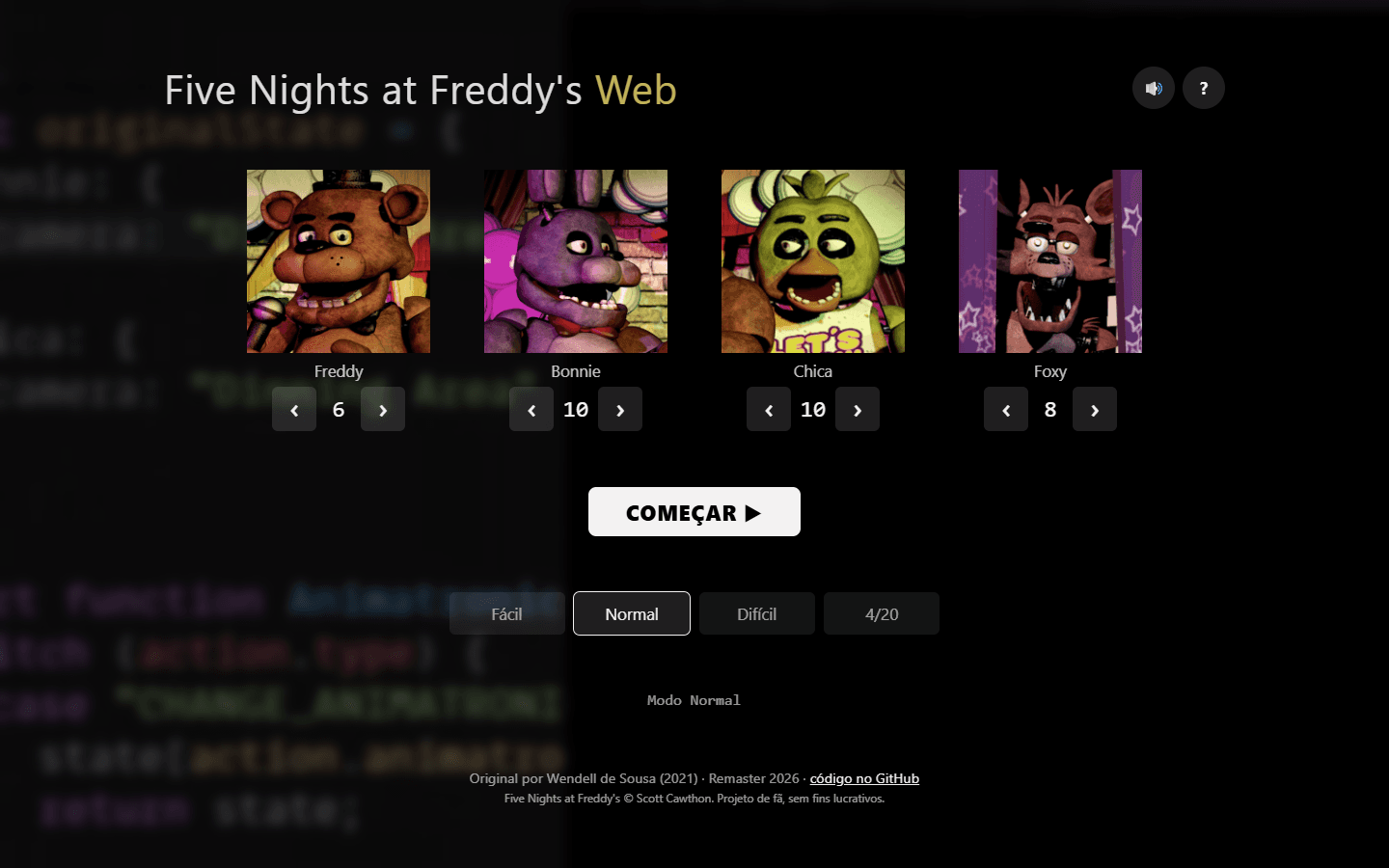Menu do Five Nights at Freddy's Web com Freddy, Bonnie, Chica e Foxy e o botão Começar.