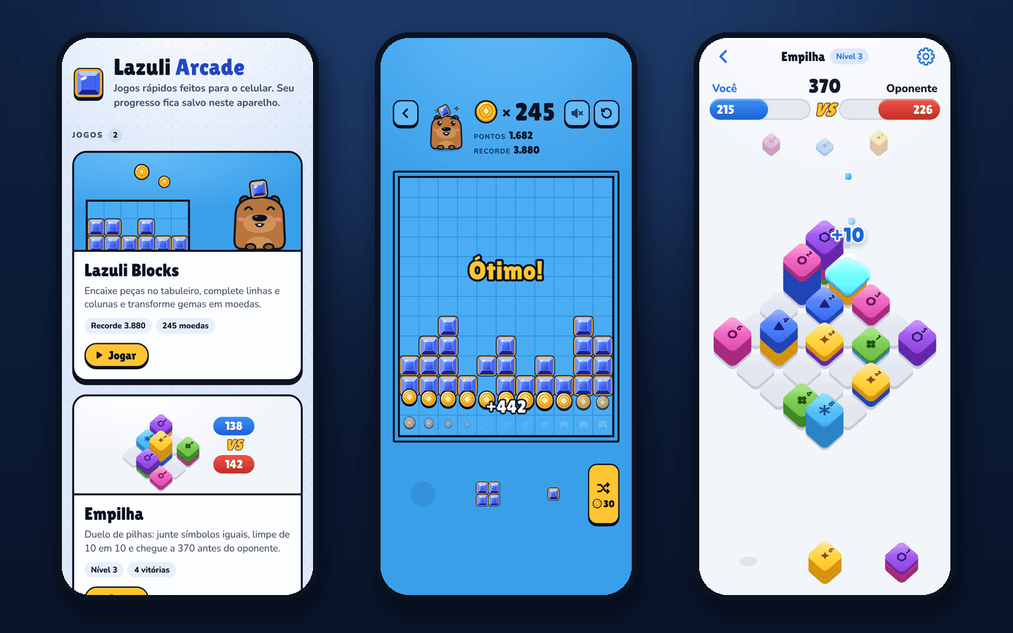 Três telas do Lazuli Arcade no celular: o lobby com os cards dos jogos, uma jogada do Lazuli Blocks virando moedas e um duelo do Empilha limpando dez peças.